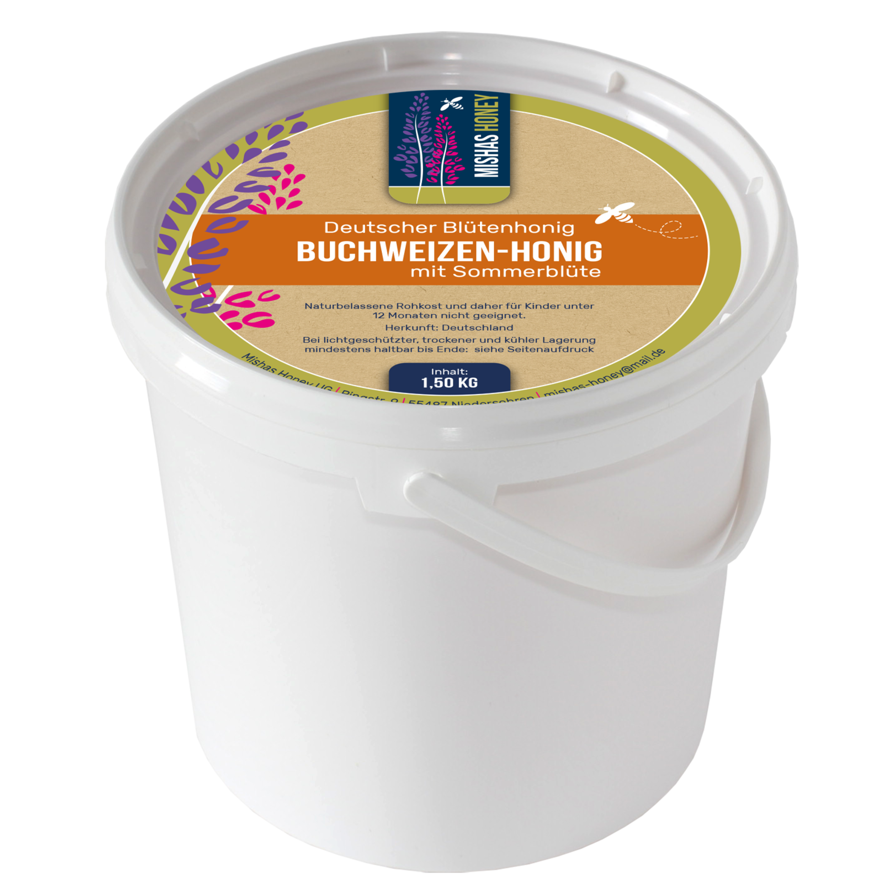 Buchweizenhonig mit Sommerbluete 1,5 kg — kraeftiger Bluetenhonig aus Deutschland — Mishas Honey