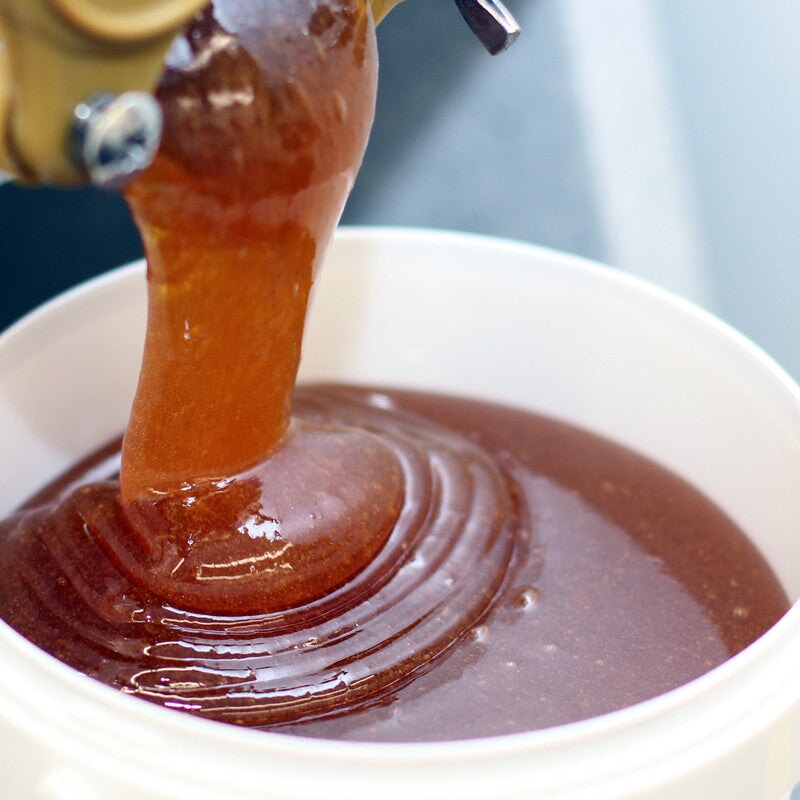 Heidehonig Nahaufnahme roetlich-bernstein — naturbelassen nicht fein gefiltert — Mishas Honey