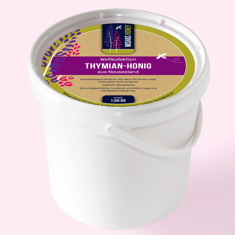 Thymianhonig 1,5 kg — wuerziger Bluetenhonig aus Neuseeland — Mishas Honey Imkerei